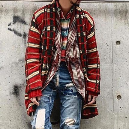 Wholesale Men's Fall Winter Check Cardigan Mid Length Sweater Jacket
