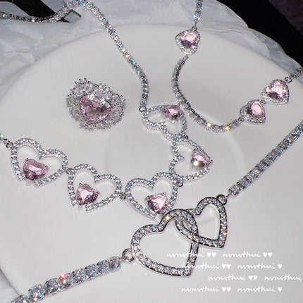 Wholesale Heart Necklace 18K Gold Plated Peach Pink Zircon Earrings