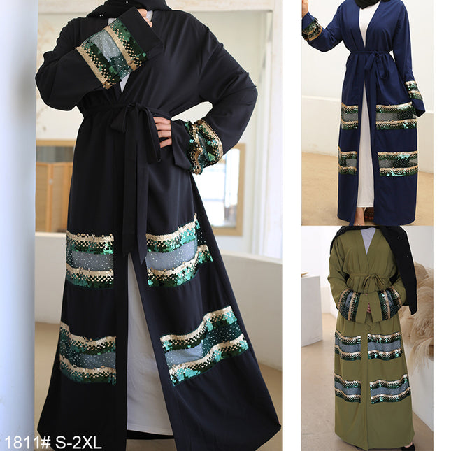 Muslim Abaya Sequin Panel Dubai Turkish Cardigan Robe