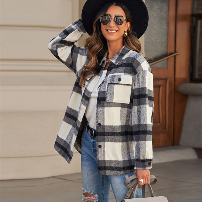 Stand Collar Open Breasted Pocket Long Sleeve Plaid Shirt