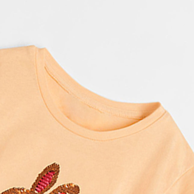 Kurzärmliges niedliches gestricktes Rundhals-Pailletten-Mädchen-T-Shirt