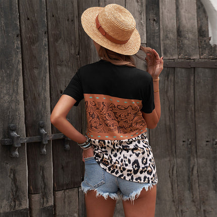 Women's Leopard Print Casual Pullover Round Neck Short Sleeve T-Shirt