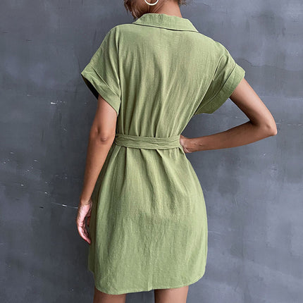 Wholesale Women's Summer Lapel Short Sleeve Cotton Linen Shirt Dress