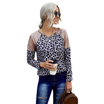 Solid Color Sequin Stitching Casual Round Neck Top