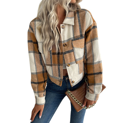 Wholesale Women's Autumn Winter Lapel Short Check Cardigan Jacket