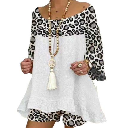 Wholesale Women's Casual Large Size Leopard Stitching Top Shorts Two Piece Set