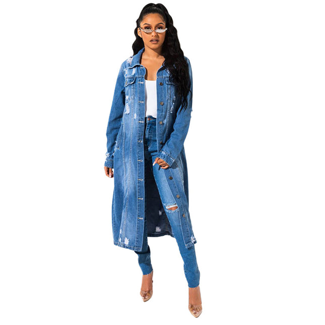 Wholesale Ladies Washed Blue Ripped Slim Trench Denim Coat