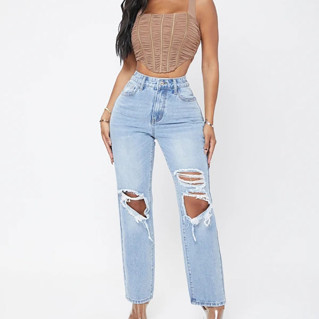 Wholesale Women's High Waist Ripped Loose Straight Washed Jeans