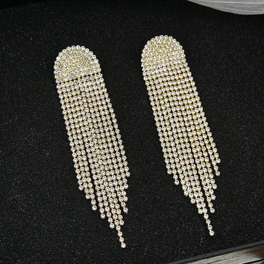 Claw Chain Collection Full Rhinestone Extra Long Tassel Rhinestone Earrings Party Wedding Jewelry