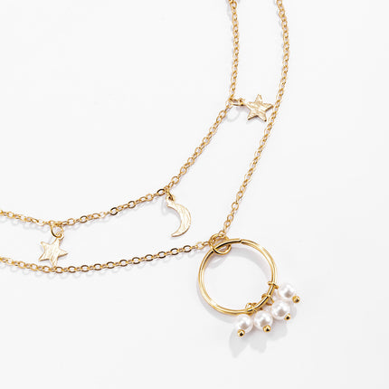 Kreis-Perlen-Halskette Stern-Mond-Anhänger Schlüsselbein-Halskette