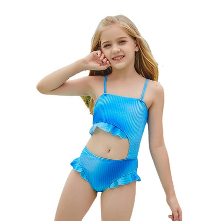 Wholesale Kids Blue Corduroy Girls Ruffled One-Piece Swimsuit