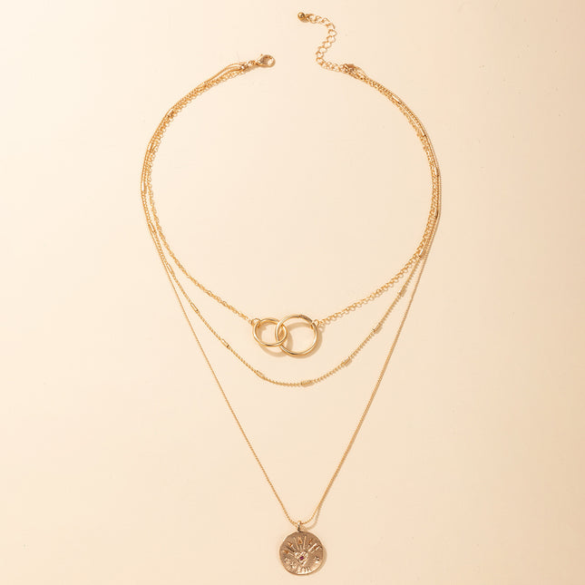 Wholesale Fashion Geometric Ring Disc Heart Trio Necklace