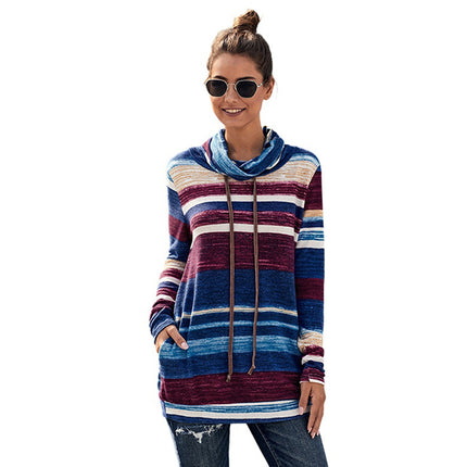 Mid Length Multicolor Stripe Pocket Ladies Pullover Hoodie