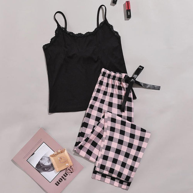 Damen-Pyjama-Set Spitzenbesatz Strap Plaid Loungewear
