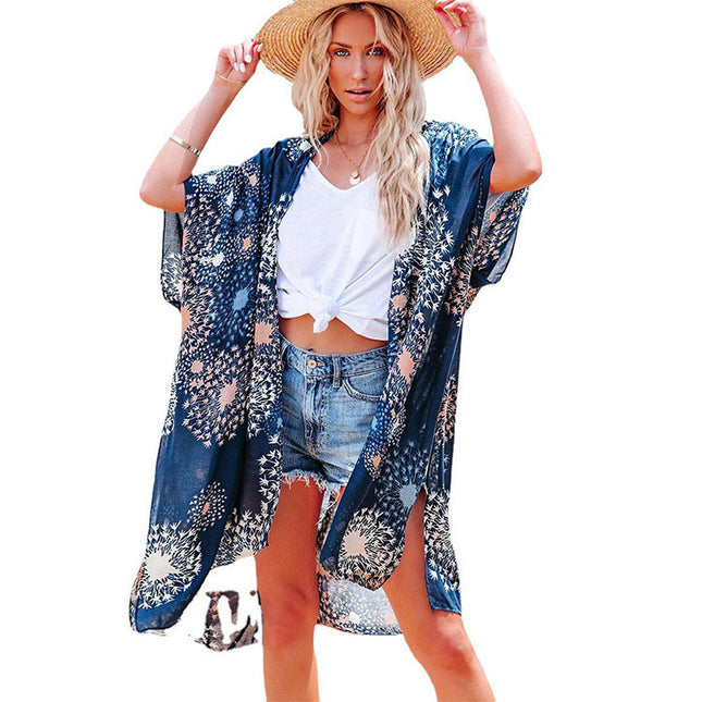 Ladies Casual Mid-length Loose Tulle Printed Blouse Sun Protection Coat