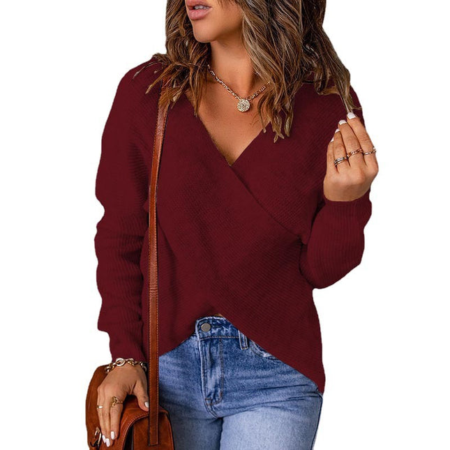 Ladies Fashion V-neck Sweater Cross Knit Sweater Top