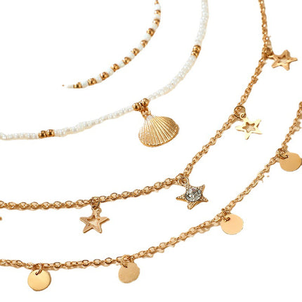 Wholesale Fashion Pearl Seashell Beaded Star Disc Anklet Four Pieces