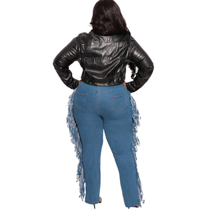 Wholesale Women's Plus Size Ripped Fringed High Rise Light Color Jeans