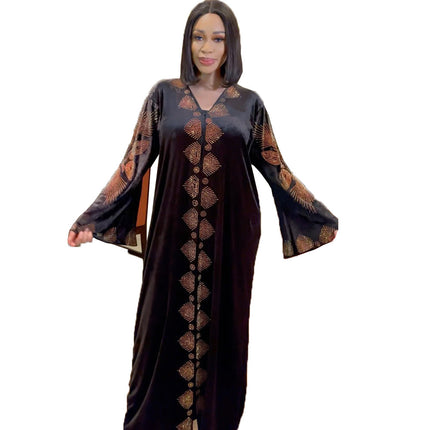 Großhandel nigerianischen afrikanischen Damen Kleid Gold samt V-Ausschnitt Robe