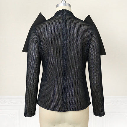 Damen-Mesh-Oberteil, schwarzes, langärmliges T-Shirt mit Stehkragen