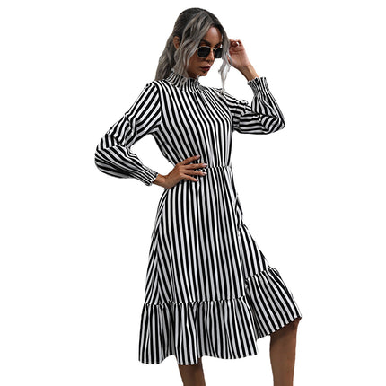 Wholesale Women's Autumn Vertical Stripe Long Sleeve Half Turtleneck Dress