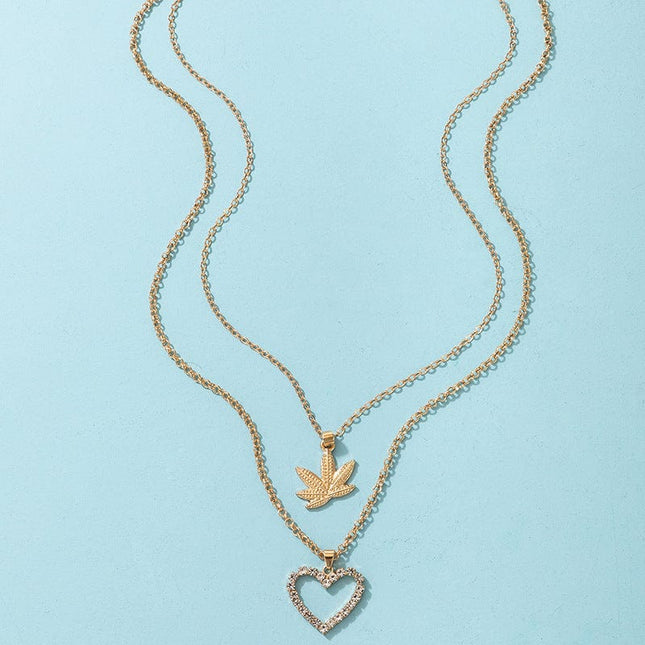 Geometric Maple Leaf Rhinestone Heart Double Layer Necklace