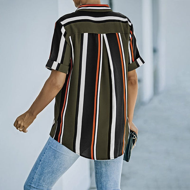 Summer Striped Short Sleeve Cardigan Ladies Shirt