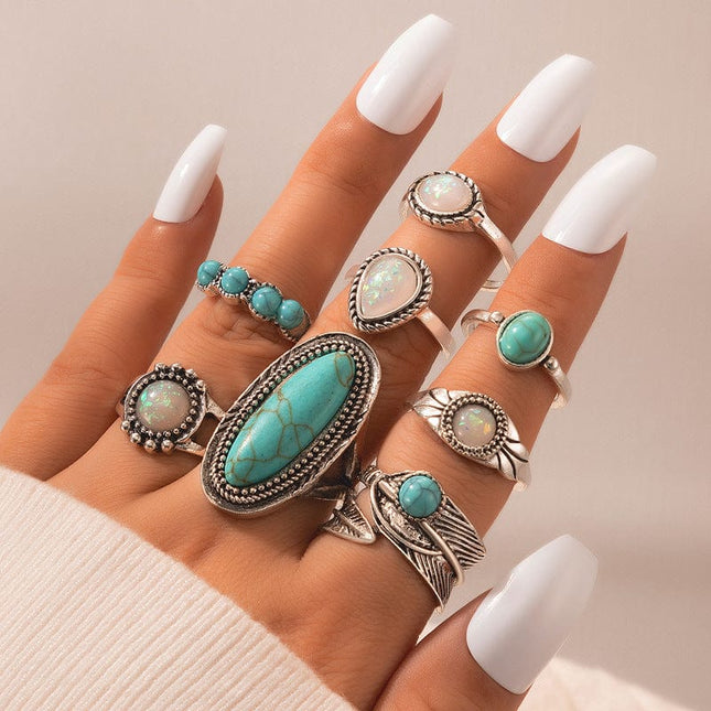 Vintage Inlaid Turquoise Engraved Feather Set 8 Piece Combination Ring Set