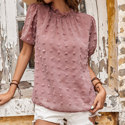 Wholesale Ladies Summer Casual Short Sleeve Jacquard Chiffon Shirt