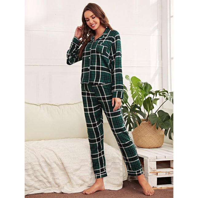 Loungewear Plaid Cardigan Long Sleeve Top Pans Pajama Set