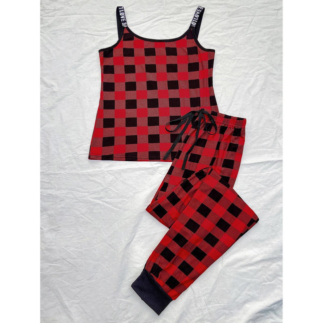 Ladies Homewear Red Check Suspenders Trousers Pajamas Set