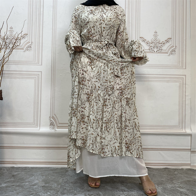 Wholesle Muslim Print Bell Sleeve Lined Fashion Chiffon Dress