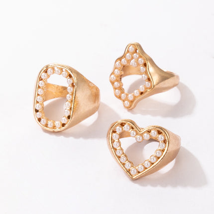Fashion Wholesale Hollow Inlaid Pearl Letter O Heart Ring 3 Piece
