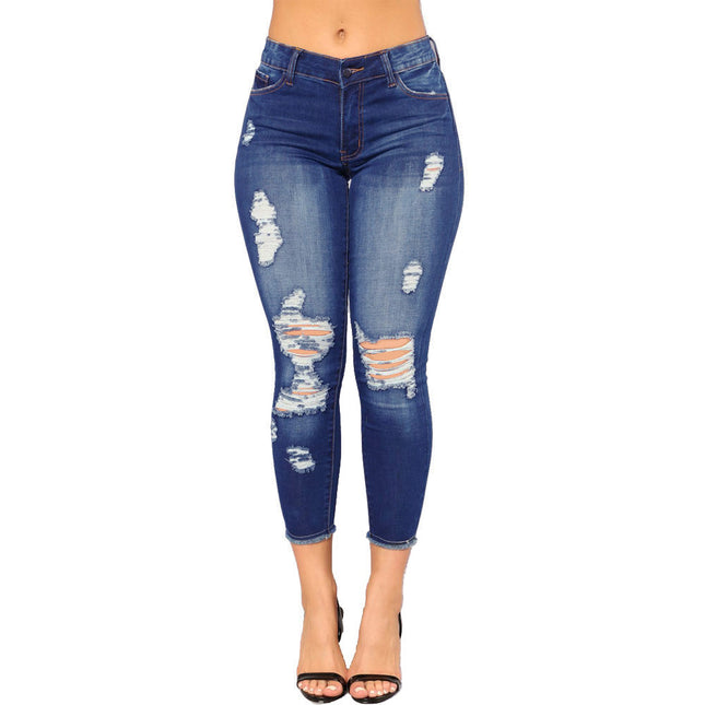 Hochelastische Damen-Jeans mit zerrissenen schmalen Füßen und schmalem Schnitt