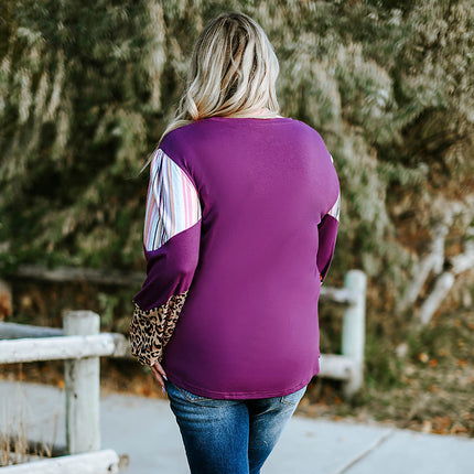 Wholesale Women's Leopard Stripe Lantern Sleeve Plus Size T-shirt
