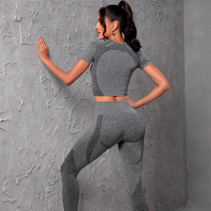 Wholesale Ladies Fitness Yoga Seamless Short Sleeve Top Leggings Two Piece Set