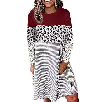 Wholesale Women's Stripe Stitching Leopard Loose Casual Lace Long Sleeve Dress