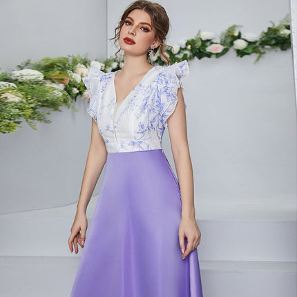 Wholesale Women's Summer Sexy High Waist V Neck Petal Sleeve Printed Dress