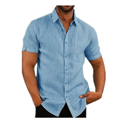 Camisa casual de verano de manga corta con solapa de color liso para hombre