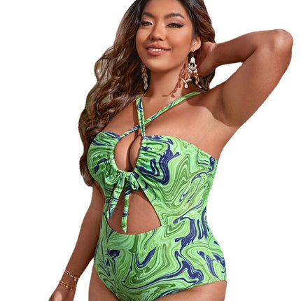Frauen-Druck-Bikini-reizvoller hohler rückenfreier plus Größen-Badeanzug