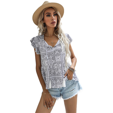 Wholesale Women's Summer Casual Short Sleeve Printed Lace Ruffle Shirt