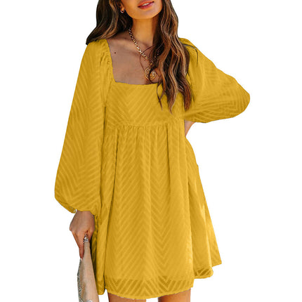 Wholesale Women's Solid Color Jacquard Square Neck Balloon Sleeve Dress