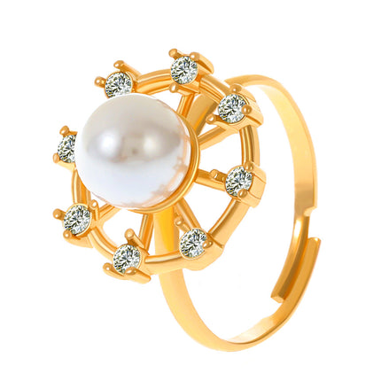 Wholesale Pearl Ring Rhinestone Hollow Flower Index Finger Ring