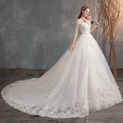 Wholesale Bridal Large Size Long Sleeve Trailing Lace High Waist Wedding Dress