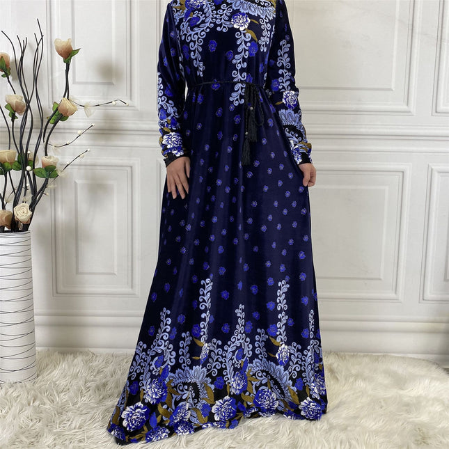 Wholesale Fall Winter Middle Eastern Women's Pleuche Print Dress