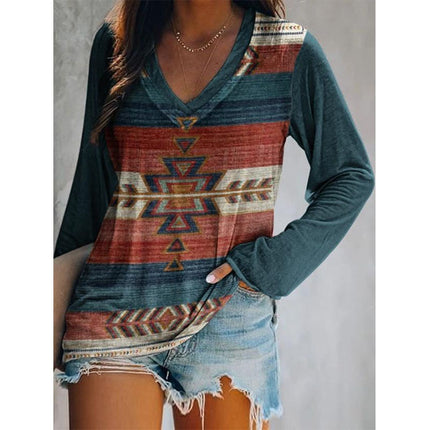 Wholesale Women's Autumn Winter Top Ethnic Printed Long-sleeved T-Shirt
