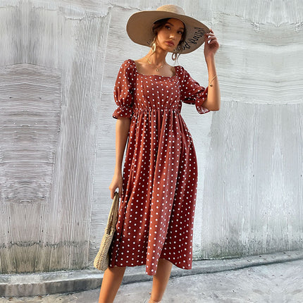 Wholesale Women's Summer Puff Sleeve Polka Dot Square Neck Dress