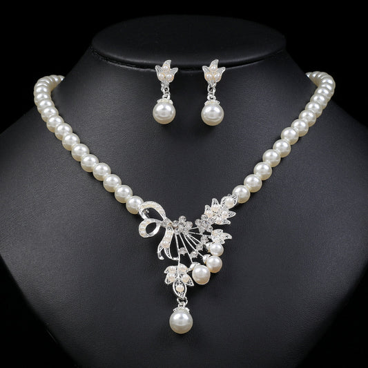 Pearl Necklace Earrings Set Fashion Alloy Drop Shape Flower Bridal Jewelry