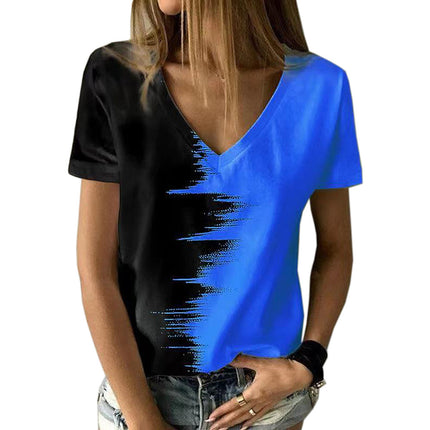 Plus Size Contrasting Color V Neck Short Sleeve Ladies T-Shirt