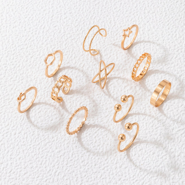 Star Heart Geometric Twisted Open Ring Set of Eleven Pieces